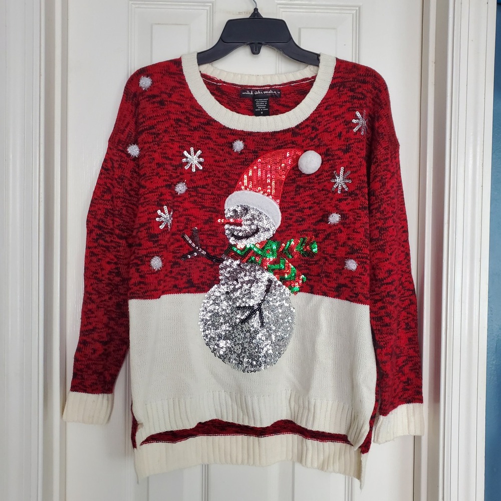 United States Sweaters Holiday Red White Sequin‎ Snowman Sweater Festive Med